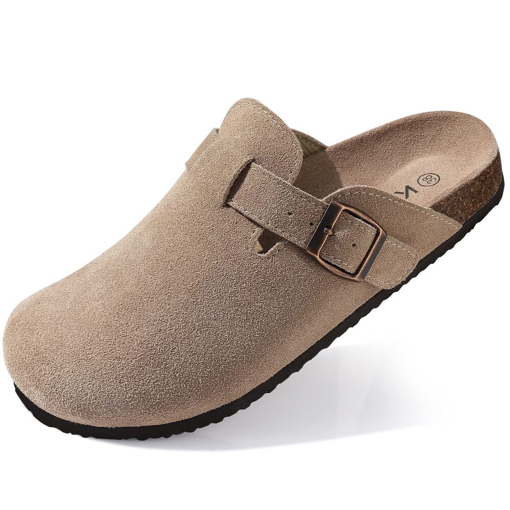 KIDMI WOMEN'S SUEDE CLOGS LEATHER MULES CORK FOOTBED SANDALS POTATO SHOES WITH A